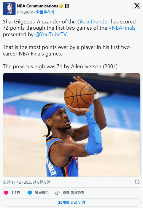 [NBA] 파이널 처음 참가한 첫 2경기에서 72득점으로 역대 최다 득점을 기록한 SGA
