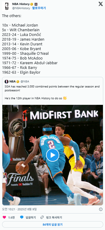 [NBA] 단일시즌에서 정규 시즌과 포스트시즌 통산 12번째로 3,000득점을 달성한 SGA