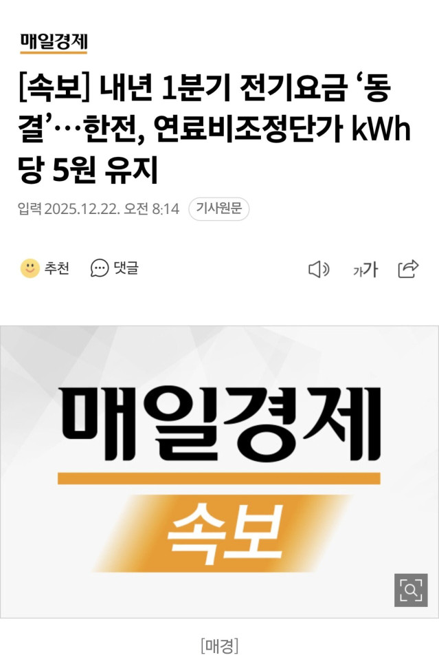 [속보] 내년 1분기 전기요금 ‘동결’…한전, 연료비조정단가 kWh당 5원 유지