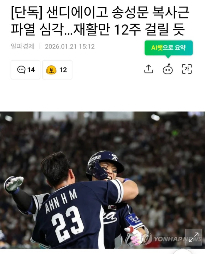 KBO[단독] 송성문 복사근 파열 심각.. 재활만 12주 걸릴듯