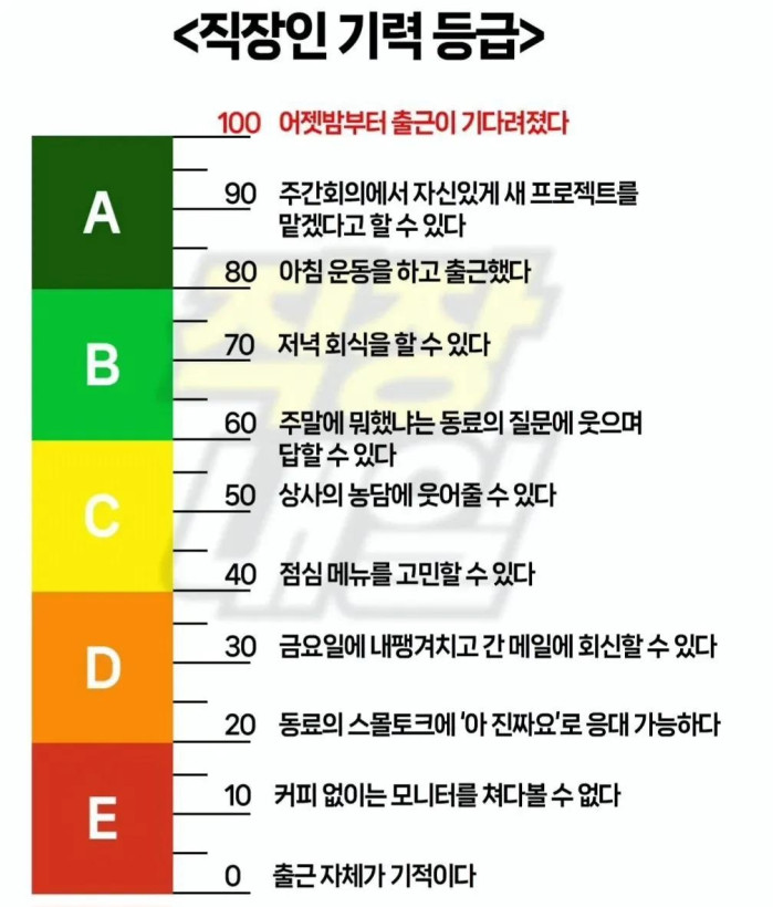 직장인 기력 등급표...