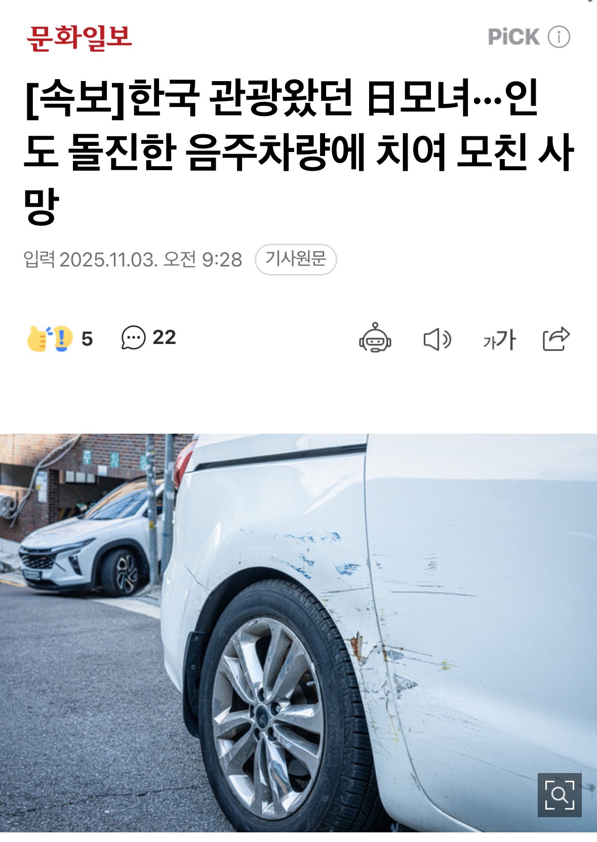 [속보]한국 관광왔던 日모녀···인도 돌진한 음주차량에 치여 모친 사망