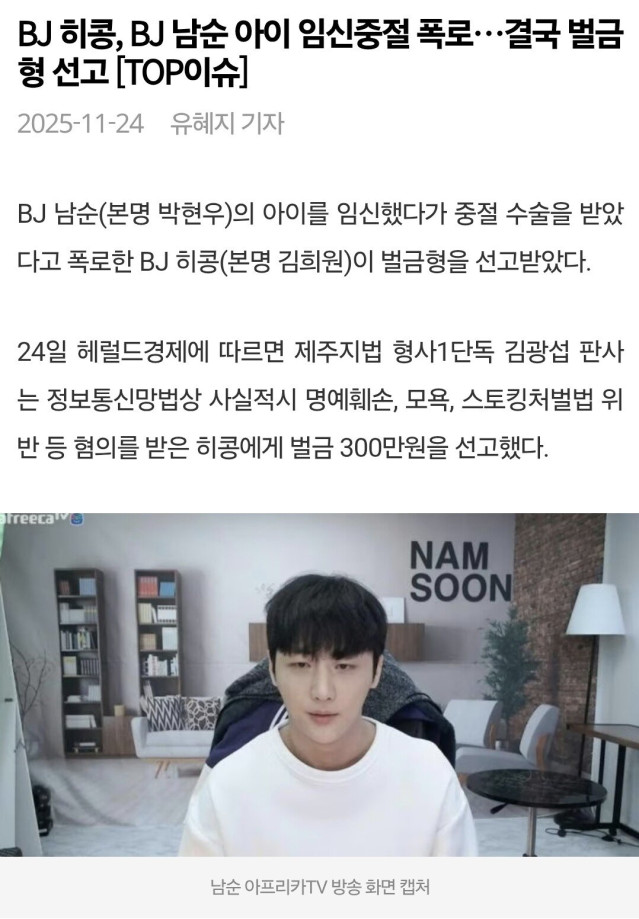 BJ 히콩, BJ 남순 아이 임신중절 폭로…결국 벌금형 선고