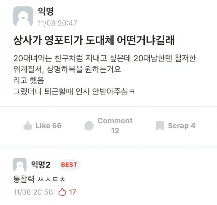 영포티의 핵심을 꿰뚫은 블라 유저